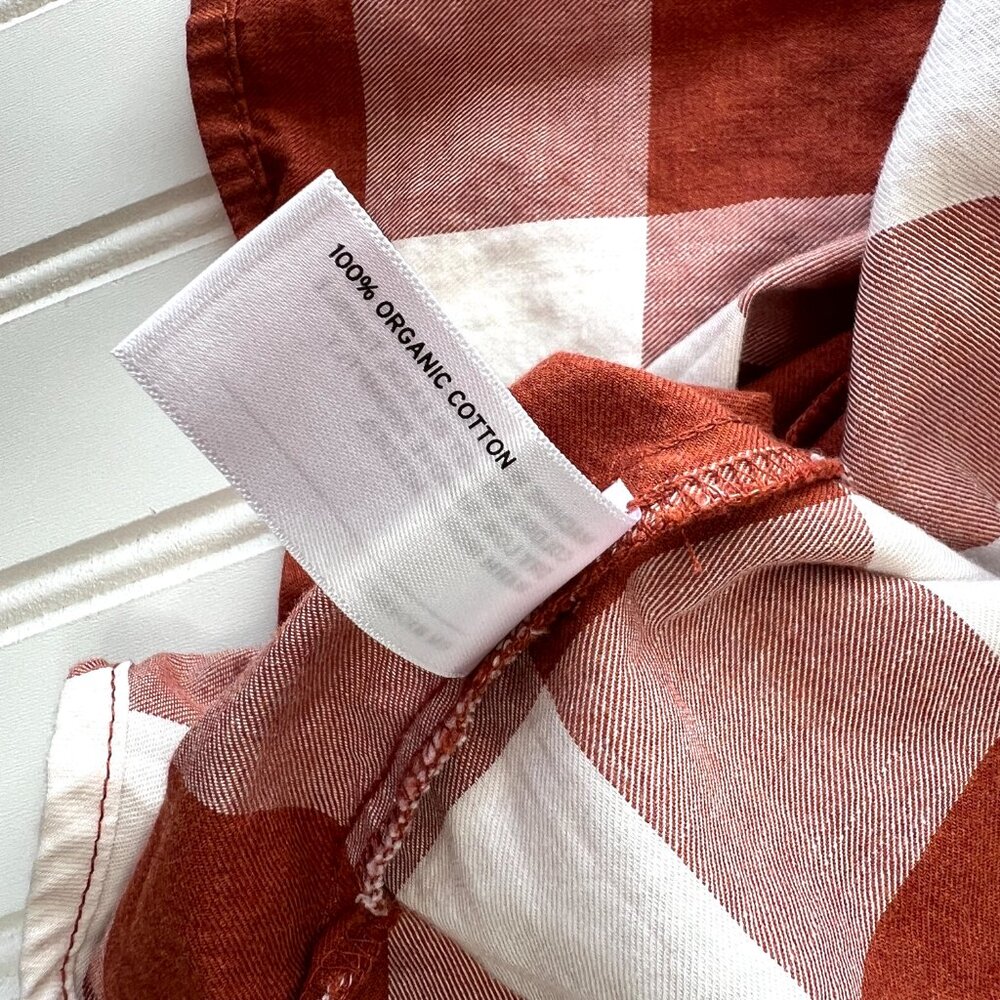 Duluth Trading Co Printmaker Blouse Women L Orange Check Organic Cotton Button - Picture 5 of 9